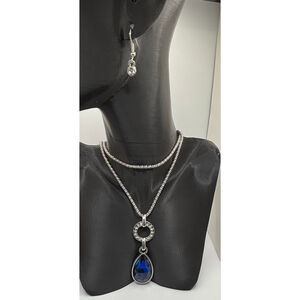 Blue Teardrop Silver Necklace and Earring Set- NWOT